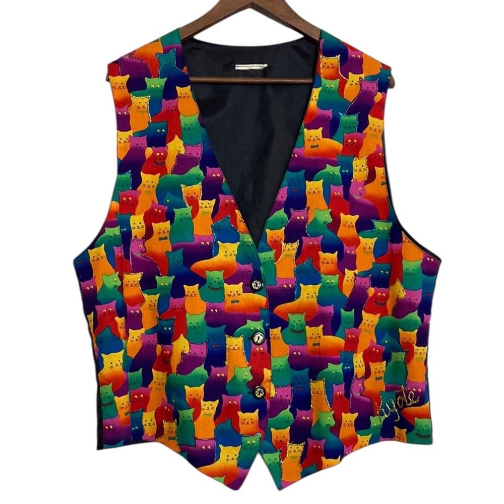 Vintage Handmade Vest Womens XXL Colorful Cartoon Cats Rainbow Glitter Retro